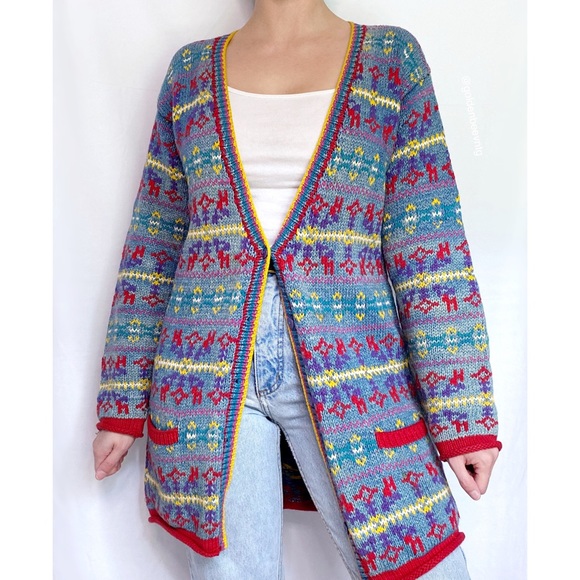 Vintage Oversized Retro Geometric Printed Longline Knit Cardigan - Picture 3 of 9